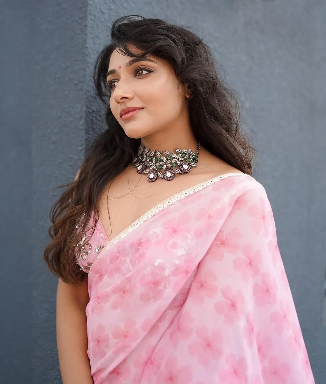 MALAYALAM ACTRESS MIRNA MENON IN PINK SAREE SLEEVELESS BLOUSE 3